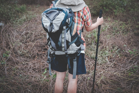 Traveler hiker man with backpack hiking on mountain. tourist backpacker with stick trekking in forest. travel lifestyleの写真素材