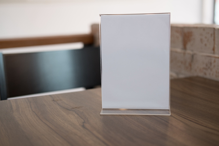white label in cafe. display stand for acrylic tent card in coffee shop.の写真素材