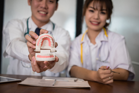 dentist showing artificial teeth. orthodontist holding jaw model at clinic.の写真素材