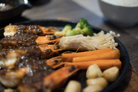 grilled prawn fillet. roasted shrimp. japanese food in restaurant