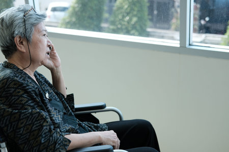 elder woman in wheelchair talk on mobile phone. elderly female speaking on smartphone. senior have...