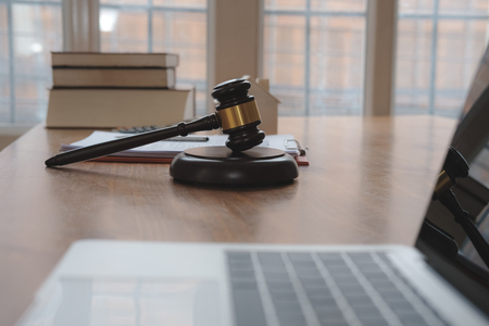 legal judge gavel & law book at courtroom. lawyer attorney justice workplaceの写真素材
