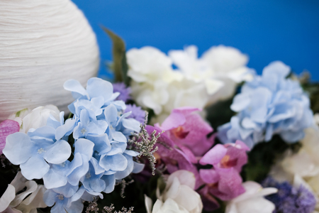 artificial blue & white hydrangea  flower bouquet for decoratingの写真素材