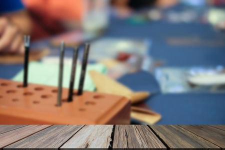 handmade leather craft DIY instrument tool. craftsman working deskの写真素材