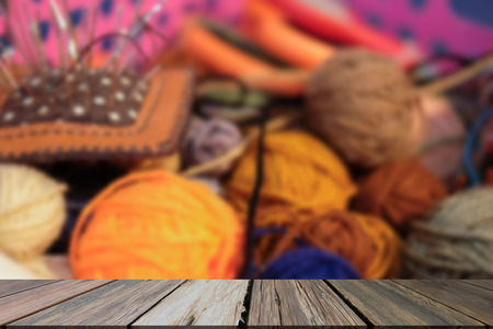 colorful knitting yarn ball, sewing needle. handmade handicraft embroidery accessoryの写真素材