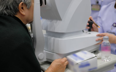 ophthalmologist checking eye sight vision of old woman. ophthalmology optometry examination
