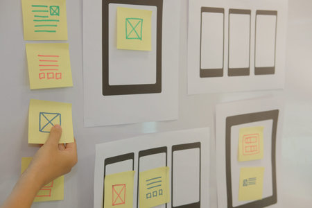 user experience, UX designer designing web on smart phone tablet layout. UI planning mobile...