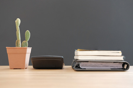 cactus plant calculator & notebook on office desk at workplaceの写真素材