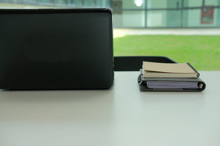 computer & notebook on office workplace desk. business workspace