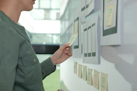 user experience, UX designer designing web on smart phone tablet layout. UI planning mobile application. developer work with business prototypeの写真素材