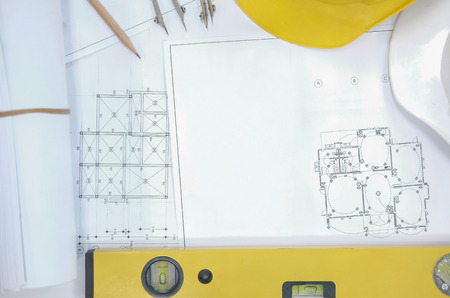 house blueprint of real estate project at architect engineer  workplace. architectural plan. building construction tool top viewの写真素材