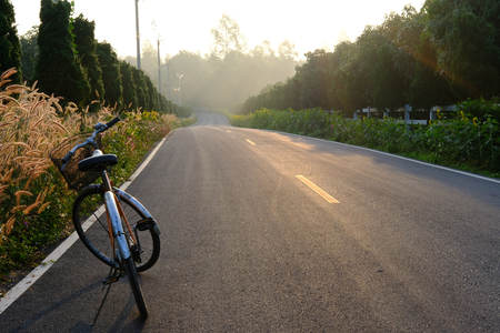 orange bicycle parking beside road with morning sunriseの写真素材