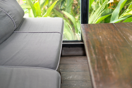 blue sofa couch in living room near garden windowの写真素材