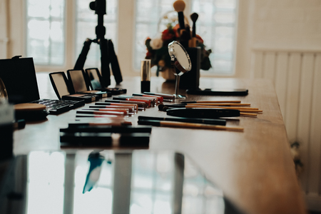 cosmetic & smartphone for recording live video on beauty blogger tableの写真素材