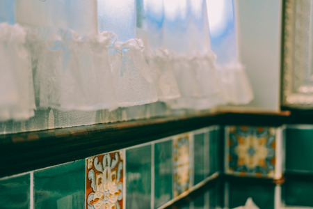 white see through window curtain in toilet bathroomの写真素材