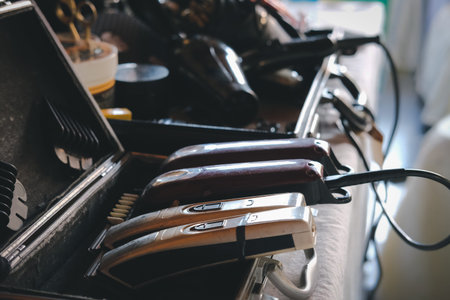 gentleman accessories in hairdresser bag at barber salon