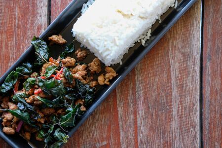 stir fried minced pork with basil leaves & rice. traditional Thai foodの写真素材