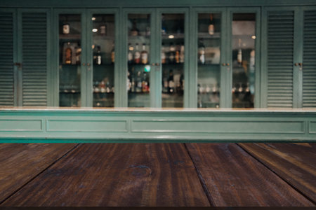 blue bar pub counter in cafeteria restaurant. defocused blur background