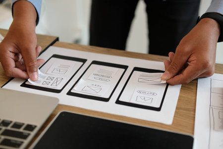 user experience UX designer designing web on smart phone layout. UI planning mobile application....