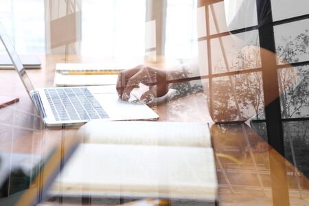 man college student  studying learning lesson with computer online. startup working at officeの写真素材