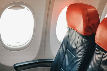 empty passenger seat inside airplane. chair in aircraftの写真素材