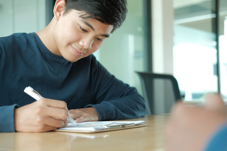 startup male freelancer working with document at office. man entrepreneur analyzing financial...