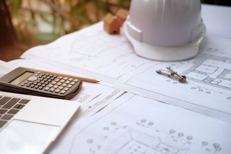 house blueprint of real estate project at architect engineer  workplace. building & construction conceptの写真素材