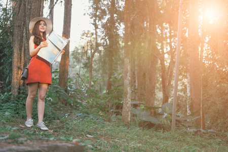 young asian woman traveler tourist with map. journey trip travel concept