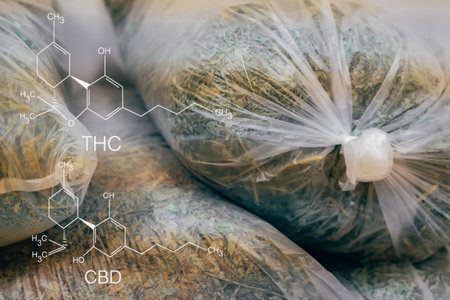 cbd & thc in dried cannabis leaves. marijuana plant cultivation