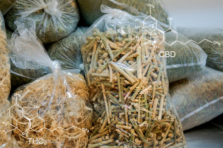 cbd & thc in dried cannabis root branch and leaves. marijuana plant cultivation