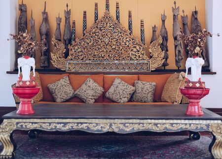 pillow on sofa couch in living room. home apartment interiorの写真素材