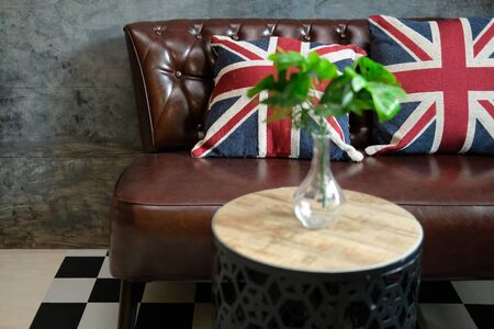 brown leather sofa couch in living room interiorの写真素材