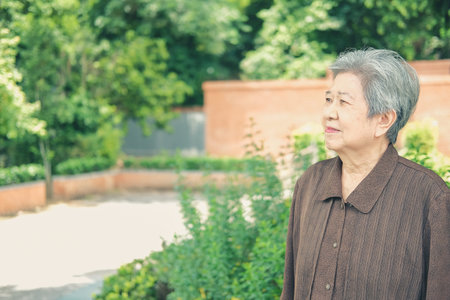 elder woman resting in garden. asian elderly female relaxing outdoors. senior leisure lifestyle