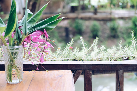 pink flower & green leaves in glass vase bottle decorating on table at homeの写真素材