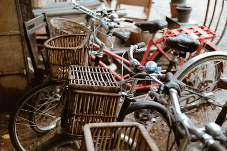 retro bike bicycle with old wooden basketの写真素材