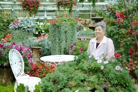 asian old elderly female elder woman resting relaxing in garden. senior leisure lifestyleの写真素材
