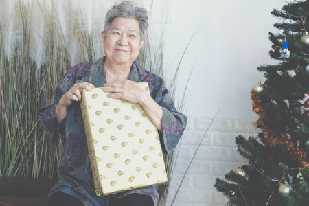 asian old elder woman elderly senior female holding gift present box near christmas treeの写真素材