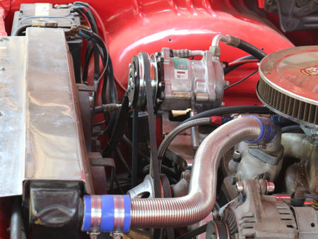 Chiang Mai, Thailand - January 28, 2021: modified engine in classic antique red Chevrolet car 1959...