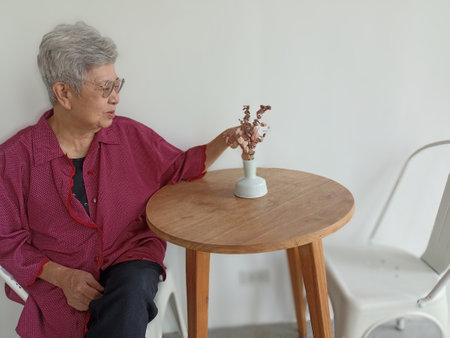 old elderly senior elder woman relaxing in living room. mature retirement lifestyleの写真素材