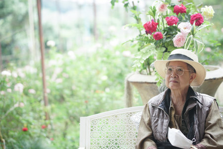 old elderly elder senior woman resting relaxing sitting in rose flower garden parkの写真素材