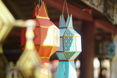 colorful traditional paper lantern decorating in yeepeng festival in Thailandの写真素材