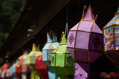 colorful traditional paper lantern decorating in yeepeng festival in Thailandの写真素材