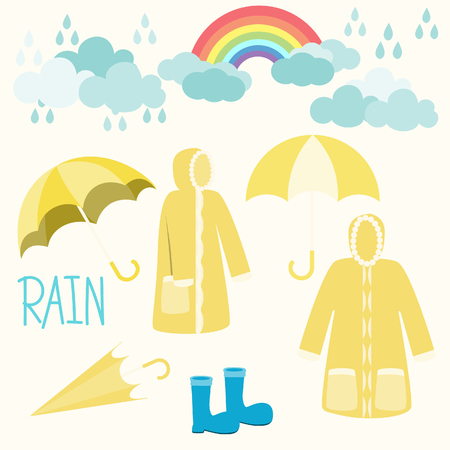 rainbow and raincoat with clouds on white background.のイラスト素材