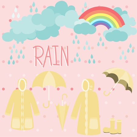rainbow and raincoat with clouds on pink background.のイラスト素材