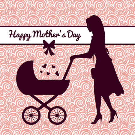 Card Happy Mother's Day. Beautiful mother silhouette with baby carriage on ornate background.のイラスト素材