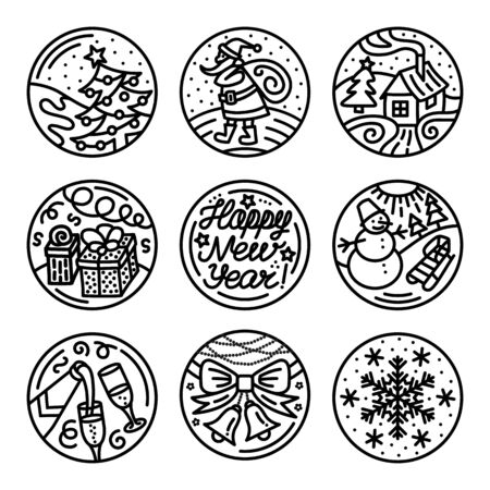 Set of flat line icons on the New Year's and Christmas Holiday. Decorative contour elements on the feast.のイラスト素材