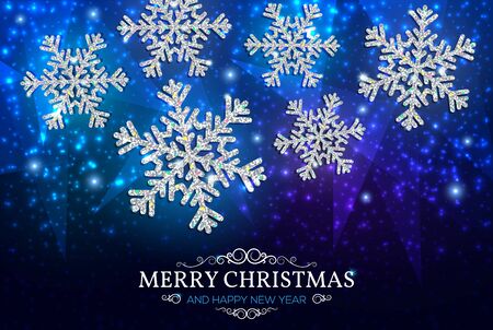 Christmas banner with glowing silver snowflakes on a dark blue background. Happy New Year poster.のイラスト素材