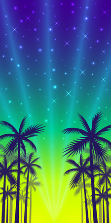 The shadows of palm trees on a sunset and evening shining stars background.のイラスト素材