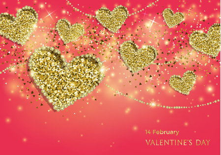 Luxury Valentines Day Festive Sparkle Banner. Glitter Gold Hearts With Diamond Outlines On Pink Background. Greeting Card Vector Illustration.のイラスト素材