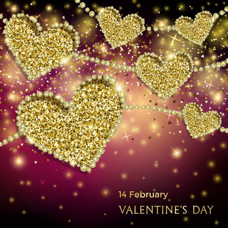 Luxury Valentines Day Festive Sparkle Banner. Glitter Gold Hearts With Diamond Outlines On Black-And-Pink Background. Greeting Card Vector Illustration.のイラスト素材